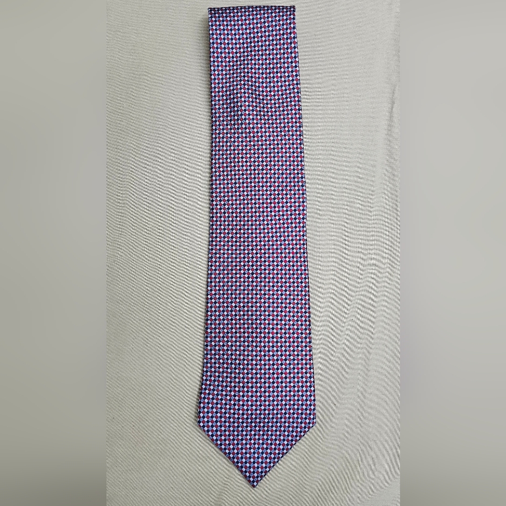 Tommy Hilfiger Men's Silk Tie Red Blue White Checkered Plaid Geometric Pattern